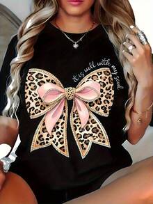 Plus Size, Women's Plus Size Extra Large T-Shirt With Bow And Leopard Print, Short Sleeve, Round Neck - Pink Bow And Gold Animal Print, Medium Stretch Fabric, Machine Washable, Casual Women's Clothing For All Seasons - 黑色 - 查看 6