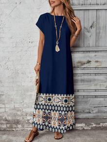 YHHEMERY ROSE Vestido largo de mujer estilo bohemio con estampado, cuello redondo, manga corta tipo murciélago, bajo acampanado, informal y multicolorYHH - Azul marino - Ver 5