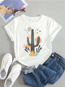 Women's 100% Cotton T-Shirt With A Modern Graphic Cactus Print, Casual And Comfortable Style, Perfect For Spring Or Summer, Soft, Breathable And Artistically Designed--Lightweight, Breathable And Loose-Fitting T-Shirt - 白色的 - 查看 6