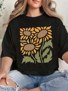 Plus Size Vintage Floral Print Shirt, Vintage Sunflower Shirt, Wildflower Print T-Shirt, Bohemian T-Shirt, Botanical Print Shirt, Plus Size T-Shirt, Gift For Mom, Graphic Tee, Women's Casual Summer Blouses. Suitable For Spring, Summer And Autumn - 黑色 - 查看 2