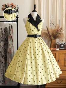 Vestido de verano de longitud media sin mangas con estampado de lunares, elegante y apropiado para ir al trabajo - Amarillo - Ver 3