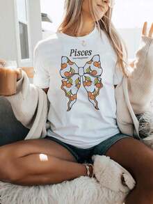 Camiseta Casual con Estampado Gráfico de Piscis, Estética, Manga Corta, Cuello Redondo, Top Casual para Todas las Temporadas, Ropa de Mujer, Camiseta Oversized para Mujer, Conjuntos de Verano para Mujer, Camiseta Oversized, 100% Algodón, Duradera - Blanco - Ver 1