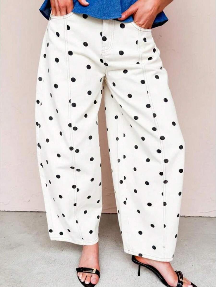 Women Barrel Jeans Dot Print Loose Denim Pants Spring Casual Baggy Trousers Fashion Wide-Leg Pants - Negro - Ver 1