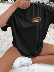 Ropa de Mujer Reversible Estampada para Primavera y Verano, con Estilo Vintage de Sol y Olas, Perfecta para Uso Casual. Camiseta de manga corta, hombros caídos, de corte holgado, ropa de invierno para mujer - Negro - Ver 3