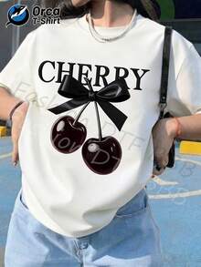 This Casual Women's Short-Sleeve Tee, Ideal For Summer Vacations, Features A Shiny Black Bow And Cherry Print. Made From 100% Fabric, It Weighs 6.35 Ounces. An Orca Brand Product, Embodying Y2K Style, It's Perfect For Summer Leisure Outings, Outdoor Adventures, Vacations, Or As A Thoughtful Gift. - 白色 - 查看 12