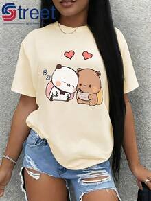 Women's Premium Summer T-Shirt With Panda And Brown Bear Print And Heart Design, New Women's T-Shirt 2026, Soft And Adorable Style, Loose Short Sleeve, Simple And Fashionable, Versatile, Modern, Comfortable, Casual Sports Top, Soft Fabric, Machine Washable For Spring And Summer, Suitable For Outdoor Sports And Daily Wear. - 杏色 - 查看 12