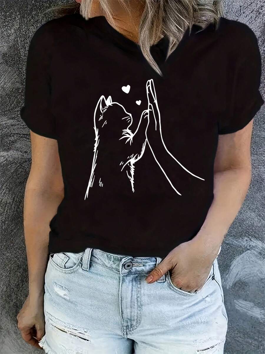 Women's Lightweight T-Shirt With Cat Paw And Heart Print - Short Sleeve Crew Neck Top, Soft And Stretchy For Spring/Summer, Machine Washable, Pet Lover T-Shirt, Comfortable And Slightly Stretchy For Everyday Casual Wear. - 黑色 - 查看 1