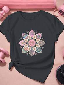 Women's Short-Sleeved Sports T-Shirt, Lightweight And Loose, Comfortable And Stylish, Suitable For Sports And Daily Life, With Floral Print, Casual Outfit For Everyday Wear. - 白色 - 查看 7