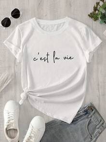 Women's Lightweight Casual T-Shirt - Simple Cursive Print "C'est La Vie", Black Text On White Background, Short Sleeves, Round Neck, Machine Washable, Suitable For Spring And Summer, Women's T-Shirt, Loose Fit, Non-See-Through Fabric, Everyday Casual Wear. - 黑色 - 查看 8