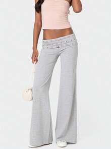 Women's Wide Leg Pants Elastic Waist Loose Casual Metallic Studs Decor Fashion Lounge Trousers - Gris - Ver 1