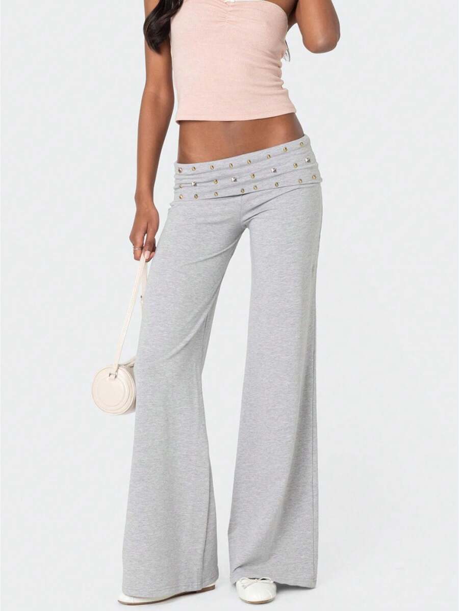 Women's Wide Leg Pants Elastic Waist Loose Casual Metallic Studs Decor Fashion Lounge Trousers - Gris - Ver 1