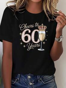 Camiseta de Verano Holgada y Cómoda para Mujer, Camiseta con Estampado de Corona y Champán para el 60º Aniversario, Top de Moda para Mujer, Camiseta Casual de Manga Corta con Cuello Redondo de Algodón Puro, Transpirable y Suave, Esencial para el Uso Diario Casual, Regalo Perfecto para Ella, Ropa Suave y Relajada para el Hogar. - Negro - Ver 1