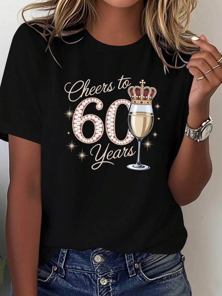 Camiseta de Verano Holgada y Cómoda para Mujer, Camiseta con Estampado de Corona y Champán para el 60º Aniversario, Top de Moda para Mujer, Camiseta Casual de Manga Corta con Cuello Redondo de Algodón Puro, Transpirable y Suave, Esencial para el Uso Diario Casual, Regalo Perfecto para Ella, Ropa Suave y Relajada para el Hogar. - Negro - Ver 1