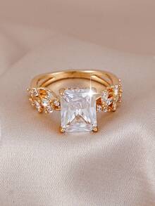 1pc Cubic Zirconia Inlaid Sparkling Ring, Suitable For Women's Daily Wear, Engagement, Wedding - Yellow Gold - View 6