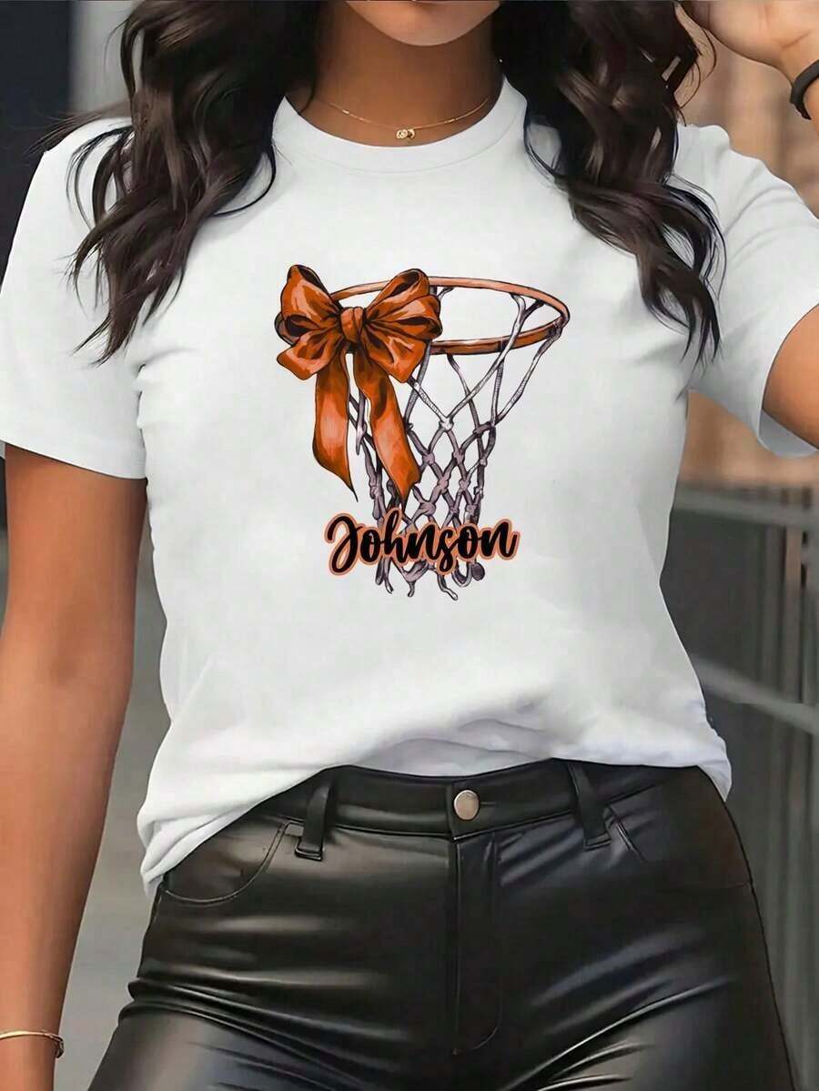 Camiseta de Mujer con Estampado de Baloncesto y Lazo - Manga Corta, Cuello Redondo, Estilo Casual con Estampado de Nombre, Blusa de Primavera Verano para Mujer, Tela de Elasticidad Media (Lavable a Máquina) para Ropa Casualblusas para mujer>ropa - Blanco - Ver 1