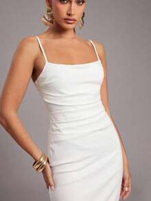 Vestido midi de verano para mujer de unicolor, elegante, con tirantes de espagueti y drapeado ajustado - Blanco - Ver 5