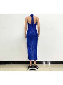 Emerald Green Sequined Women's Dress, Deep V-Neck Halter Neckline, High Side Slit, Elegant Maxi Design Ideal For Evening Parties, Graduations And Formal Winter Events, Glamorous Style Perfect For Celebrations And Elegant Dinners - 藍色 - 查看 3