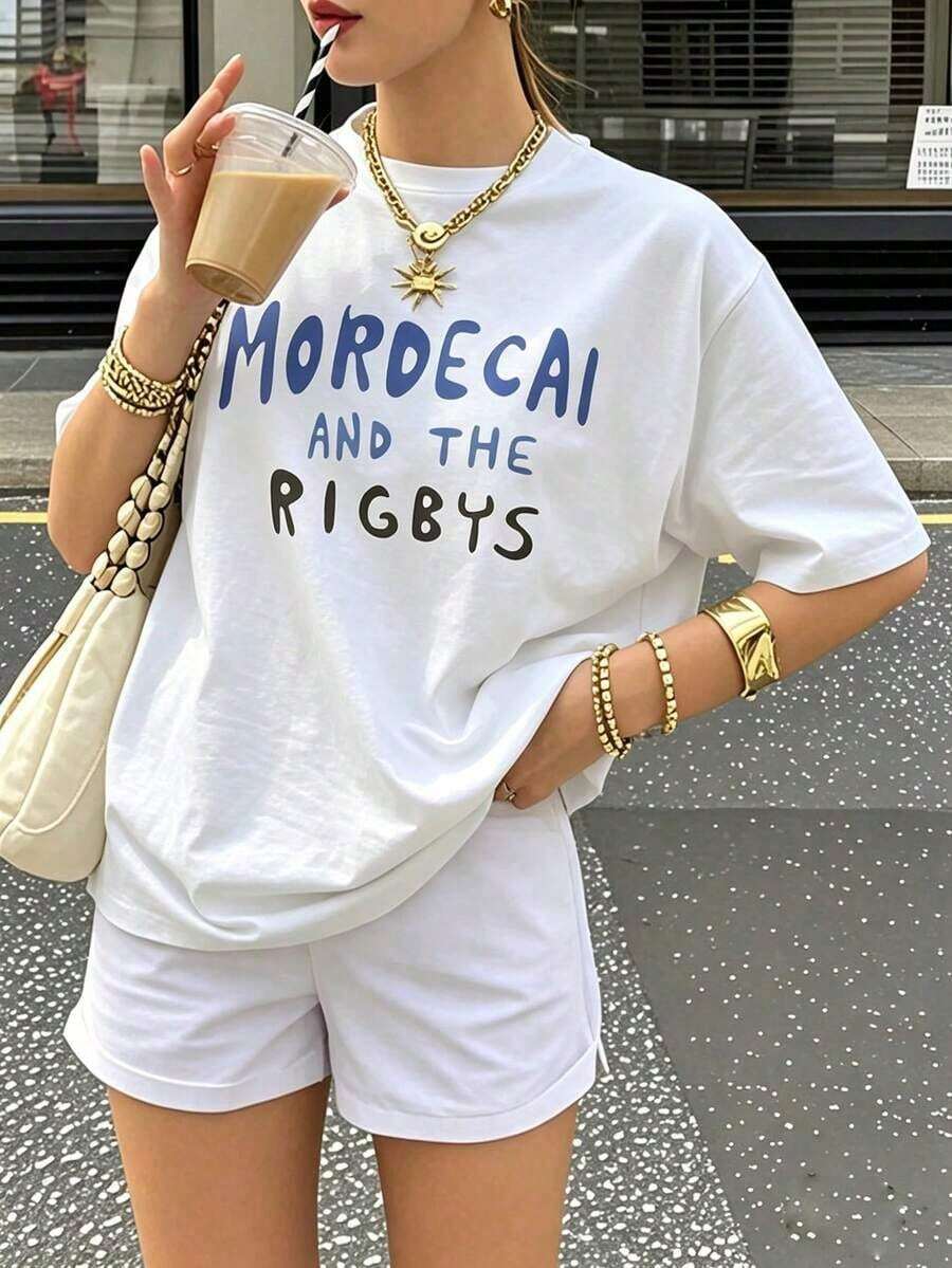 Ropa de mujer: camiseta gráfica de la banda Modemai y , camiseta con estampado de eslogan de dibujos animados, top casual de manga corta con estética retro, camisetas blancas de verano estilo streetwear Y2K para mujer. - Blanco - Ver 1