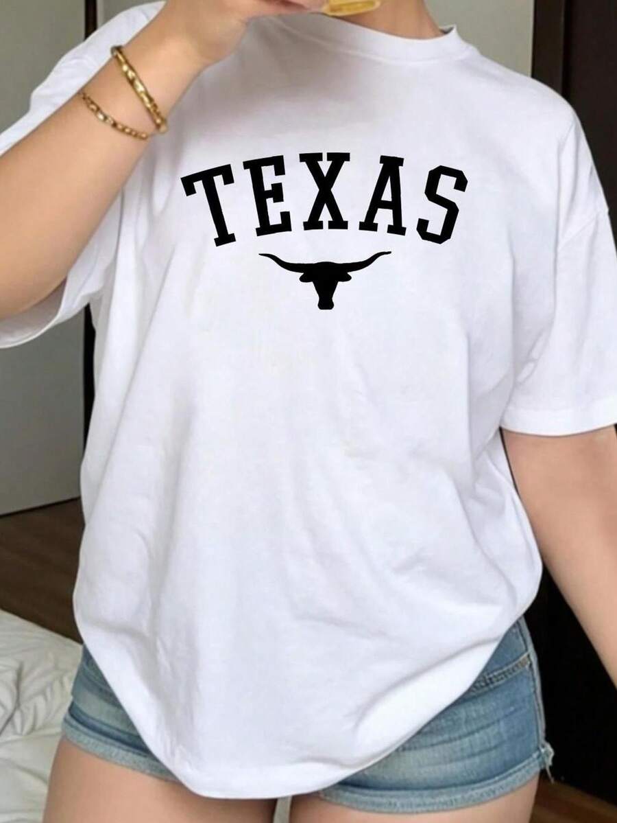 Camiseta Holgada con Estampado de Texas y Silueta de Toro para Uso Casual - Blanco - Ver 1