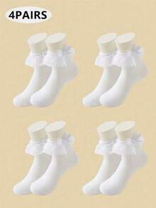 4 Pairs Lace Bow Ruffle Cute Princess Style Short Socks Breathable Cotton Socks For Girl White - White - View 8