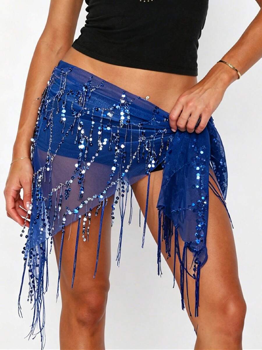 Women Belly Dance Sequin Tassel Hip Scarf Triangle Belt Wrap Skirts Music Festival Sheer Mesh Waist Chain - 藍色2 - 查看 1