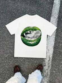 Y2K Style T-Shirt With Dollar And Green Lips Print, Popular T-Shirt, Hip-Hop T-Shirt, Custom Urban Style T-Shirt, Men's T-Shirt, Comfortable And Breathable, Pure Cotton Crew Neck Short Sleeve T-Shirt, Classic Crew Neck Design, Casual And Versatile, Summer T-Shirt, Can Be Worn All Year Round - 白色 - 查看 1