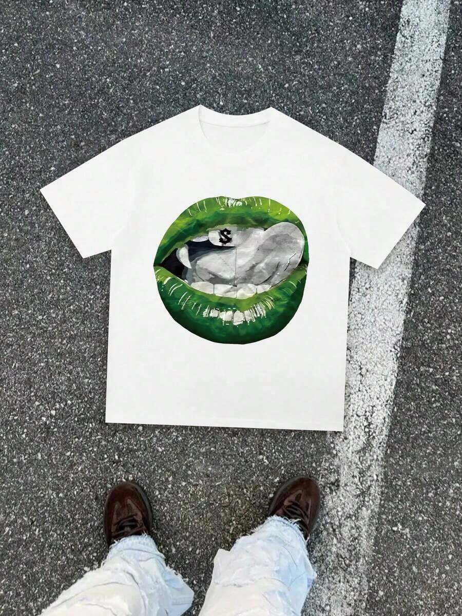 Y2K Style T-Shirt With Dollar And Green Lips Print, Popular T-Shirt, Hip-Hop T-Shirt, Custom Urban Style T-Shirt, Men's T-Shirt, Comfortable And Breathable, Pure Cotton Crew Neck Short Sleeve T-Shirt, Classic Crew Neck Design, Casual And Versatile, Summer T-Shirt, Can Be Worn All Year Round - 白色 - 查看 1