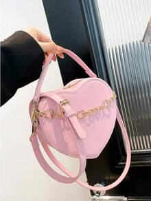 Pink Heart-Shaped Crossbody Bag, Local Delivery Inspired Designer Handbags, Luxury Bags For Women, Sweet Matte Finish Hand Bag With Heart Chain Decor, Elegant Valentine's Day Gift, Perfect For Spring Summer, Travel Essential, College Essentials, Bridal Shower Party Favors, Wedding Favors For Guests - 粉色 - 查看 9