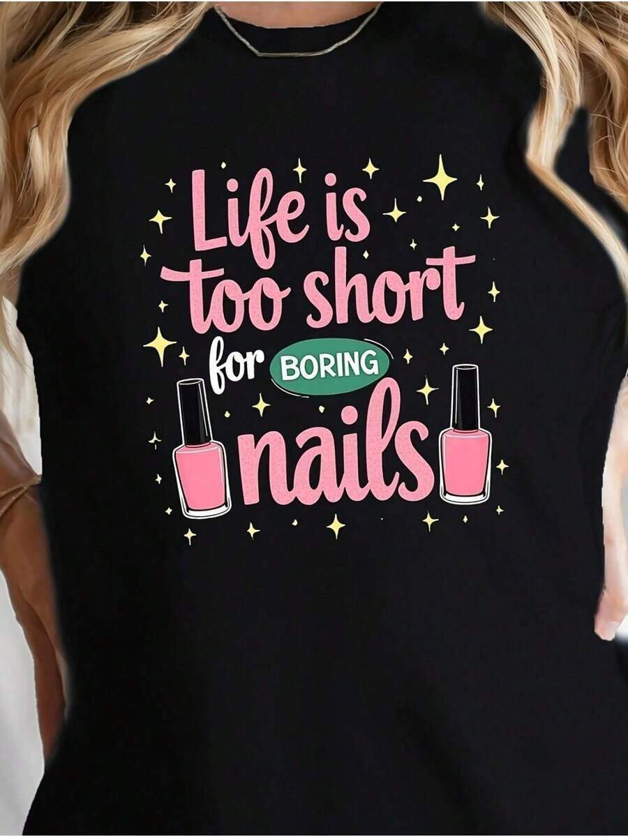 Women's Blouses "Life Is Too Short To Cut Boring Nails" Women's Nail Art And Star Print T-Shirt - Short Sleeve Black Turtleneck With Manicure Design, Casual Summer Blouse Machine Washable For Nail Art Lovers, Holiday Gift And Casual Outfit - 黑色 - 查看 1