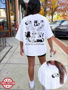 [Double-Sided Print] Women's Summer Casual T-Shirt, Simple Line Art Style, Cat Print, "Cats Are Best Friends" Print, Round Neck, Short Sleeves, Off-The-Shoulder, Pure Cotton, Plus Size T-Shirt [IngK] Elegant Party Outfit, T-Shirt For Elegant Ladies, Blouses Suitable For Curvy Women, Prom Skirts, Casual Wear - 白色 - 查看 1