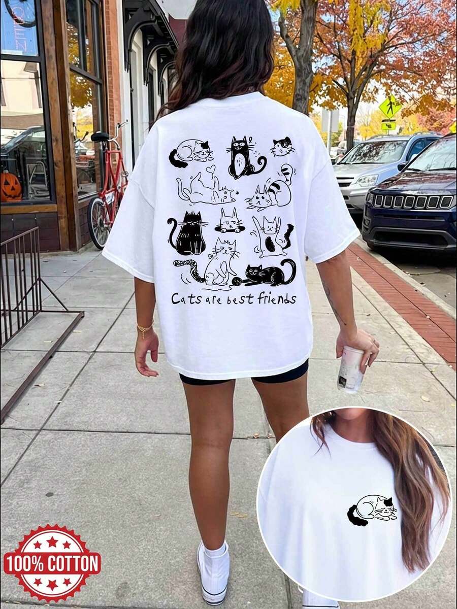 [Double-Sided Print] Women's Summer Casual T-Shirt, Simple Line Art Style, Cat Print, "Cats Are Best Friends" Print, Round Neck, Short Sleeves, Off-The-Shoulder, Pure Cotton, Plus Size T-Shirt [IngK] Elegant Party Outfit, T-Shirt For Elegant Ladies, Blouses Suitable For Curvy Women, Prom Skirts, Casual Wear - 白色 - 查看 1