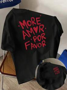 Short-Sleeved T-Shirt With Front And Back Print - More Love, Please Love The  Print - Women's T-Shirt With A Modern Print For Spring/Summer, A Fashionable Item. Elegant Party Outfit, T-Shirt For Elegant Ladies, Blouses Suitable For Curvy Women, Prom Skirts, Casual Wear - 黑色 - 查看 7