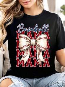 1 Piece Baseball T-Shirt For Mom, Baseball Shirt, Flirty Baseball Bow Shirt, Baseball Game Day Shirt, Sublimation Baseball Mom Shirts, Women's Graphic Crew Neck T-Shirts, Loose Casual T-Shirts, 180g 100% Cotton - 黑色 - 查看 10