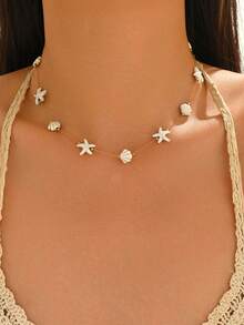 Collar de acero inoxidable con concha y estrella de mar, diseño único, estilo oceánico, adecuado para la playa, vacaciones, uso diario, citas - Dorado - Ver 2