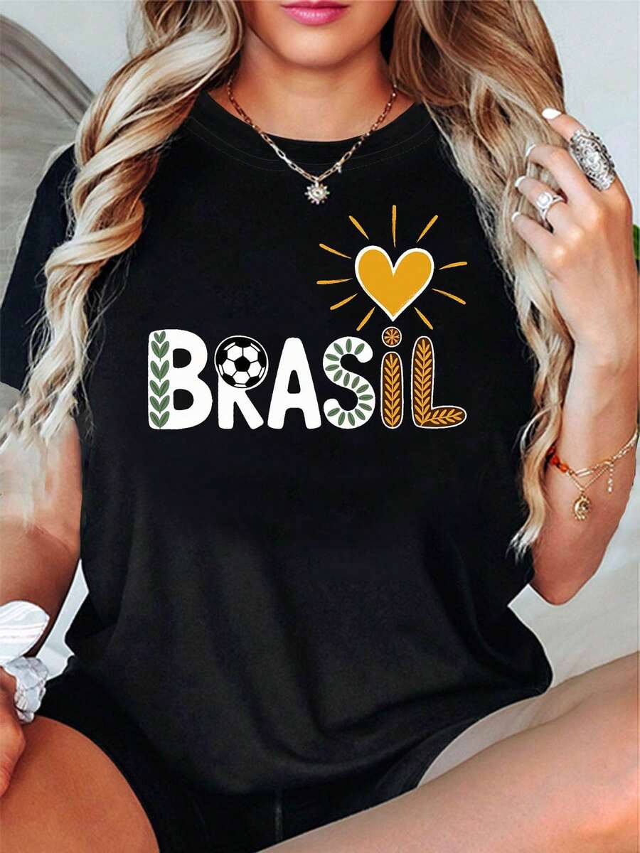 Women's Essential Casual "BRAZIL" T-Shirt, Featuring A Brazilian Football Theme, Decorated With Football Heart Slogans, Short Sleeves, In White, Yellow And Green Colors, Sporty Style, Suitable For Brazilian Football Fans And Culture Enthusiasts, Made Of Soft Cotton For Everyday Wear. - 黑色 - 查看 1
