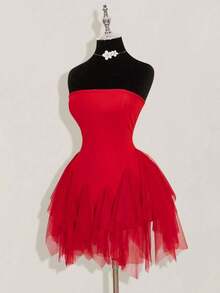 ICON Vestido mini de mujer con parches de malla blanca y ballenas - Rojo - Ver 4