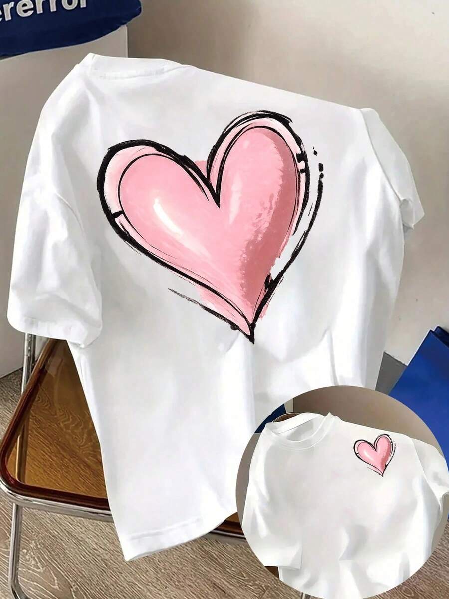 Women's Short-Sleeved T-Shirt, Delicate Style, With A Hand-Painted Pink Heart, 100% Pure Cotton, Loose Fit, Hand-Drawn Heart Print, Breathable And Comfortable, Suitable For Everyday Summer Wear. Adult Women's Short-Sleeved T-Shirt With Letter Print, Summer Beach Style, Breathable Fabric, Ideal For Back-To-School Season, Outdoor Wear, Ideal Gift. . - 白色 - 查看 1