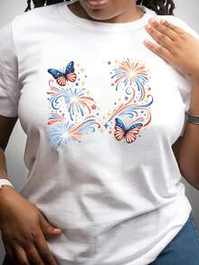 Women's Short Sleeve Independence Day T-Shirt, Commemorative National Flag T-Shirt, Crew Neck Style, Comfortable And Soft Fabric, Suitable For Independence Day, The Fourth Of July, Memorial Day, Presidents' Day, And Children's Celebrations. Casual Women's Blouse - 白色 - 查看 1