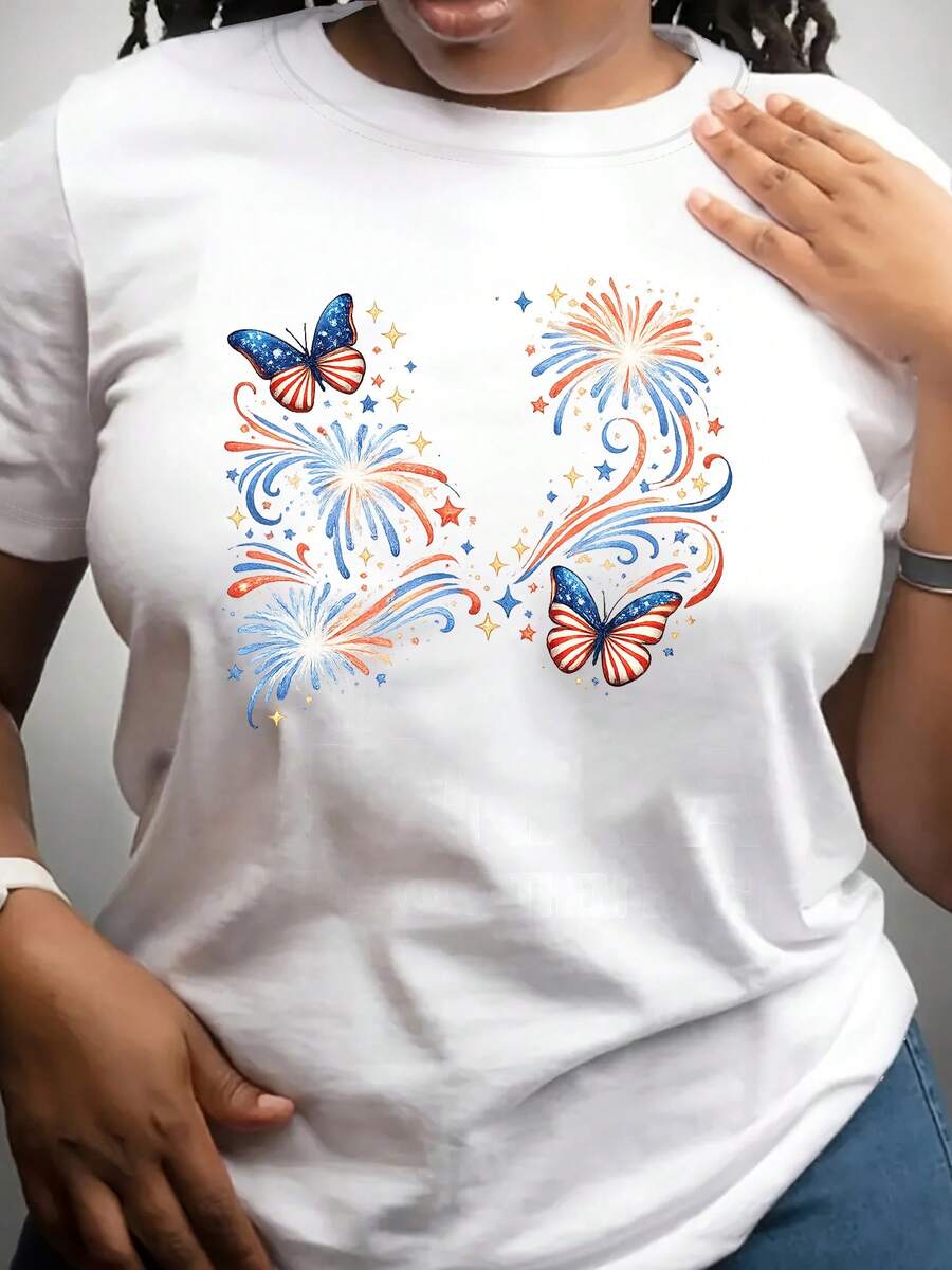 Women's Short Sleeve Independence Day T-Shirt, Commemorative National Flag T-Shirt, Crew Neck Style, Comfortable And Soft Fabric, Suitable For Independence Day, The Fourth Of July, Memorial Day, Presidents' Day, And Children's Celebrations. Casual Women's Blouse - 白色 - 查看 1