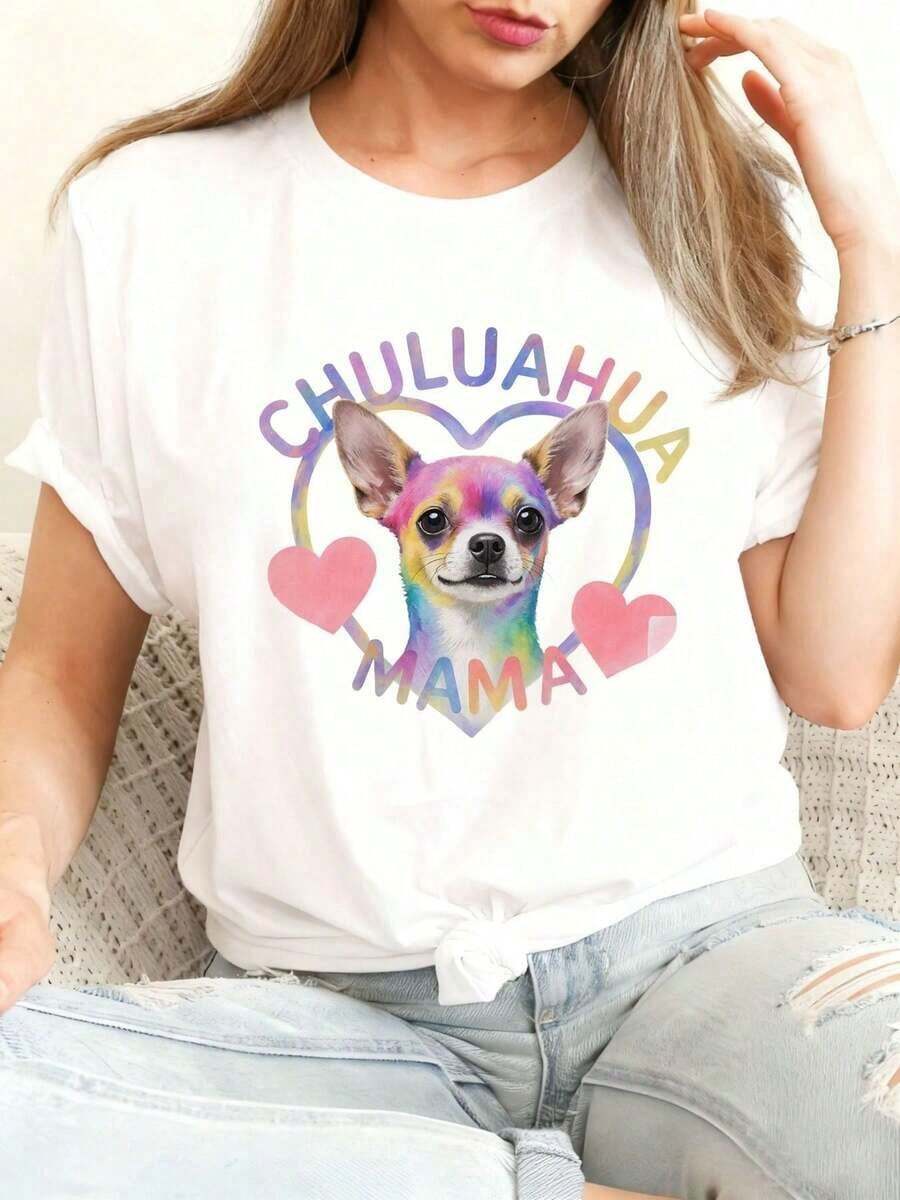 Chihuahua Mom T-Shirt - Black Graphic Tee With 'CHIHUAHUA' And 'MAMA' Text In Gradient Colors | Heart And Chihuahua Illustration, Perfect Mother's Day And Valentine's Day Gift For Chihuahua Lovers, Soft Casual T-Shirt, Y2K Style - 白色 - 查看 1