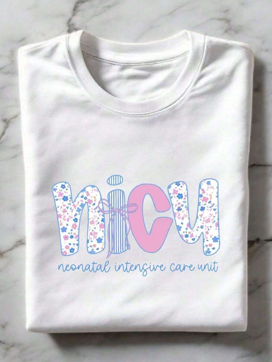 Coquette Bow NICU T-Shirt, Preppy NICU Nurse T-Shirt, Nurse Appreciation T-Shirt, Neonatal Intensive Care Unit Gift, Short Sleeve Floral Print Nurse Graduation T-Shirt TF3211 For Summer - 白色 - 查看 1