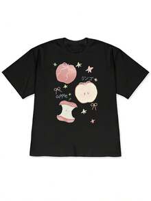 2026 Spring/Summer New Oversized Women's Drop-Shoulder Japanese-Style Soft And Cute Apple Print Loose Short-Sleeve T-Shirt, Eye-Catching Summer Streetwear, Fashionable Sweet And Style Top For WomenFor Summer - 黑色 - 查看 7