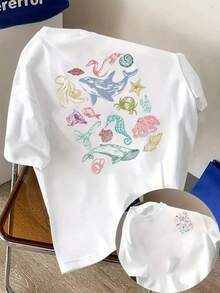 New Men's T-Shirt, 180g Weight, % Cotton, With Marine Life Illustrations, Vintage Hand-Drawn Style, Prints On The Front And Back, Men's Fashion Short Sleeve, Suitable For Daily Casual Wear And Outdoor Fitness Activities, Unique Double-Sided Pattern Design - To Be Layered In Spring And Autumn And Worn Alone In Summer, Unisex. - 白色 - 查看 1