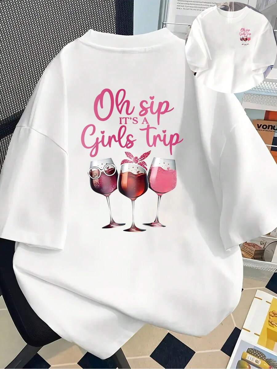 New 180g Heavyweight Short-Sleeved T-Shirt, 100% Cotton, With Prints On The Front And Back - Oh Yep, A Girls' Trip, A Girls' Get-Together - Fashionable Printed T-Shirt For Women, Your Best Choice! - Suitable For Layering In Spring And Autumn, And For Wearing Alone In Summer, Unisex Style. - 白色 - 查看 1