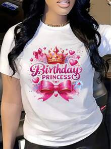 Women's Casual Short Sleeve Crew Neck Printed T-Shirt, Spring/Summer | With Crown, Bow And Heart Design, Ideal As A Birthday Gift. - 黑色 - 查看 6