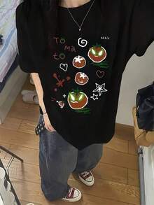 Women's Cotton Round Neck Casual T-Shirt - Short Sleeve Round Neck Casual T-Shirt For Women, Ideal For Spring/Summer - Relaxed Fit - Top With Appliquéd Geometric Print, Machine Washable Blouse For Casual Outfits And Layering Pieces - Simple T-Shirt For Everyday Wear - 黑色 - 查看 7