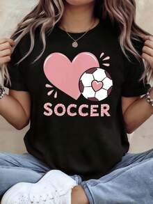Women's T-Shirt With Heart And Dot Soccer Ball Print, For Watching Matches And Fan Gatherings, Sweet And Cute Style, Short Sleeve, Urban Style T-Shirt For Everyday Wear - Unisex Cotton T-Shirt, Short Sleeve, Round Neck, Vintage Urban Style - 黑色 - 查看 7