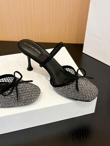 Xin Jing Shoes 女士优雅休闲性感蝴蝶结高跟鞋，时尚百搭圆头水钻网带通勤中跟凉鞋 - 黑色 - 查看 11