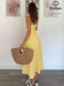 Vestido a media pantorrilla con tirantes a cuadros para mujeres, de moda y apropiado para el verano - Amarillo - Ver 4