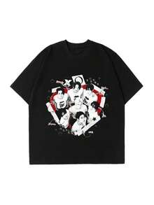 Camiseta de moda negra de manga corta con cuello redondo y diseño de estrellas - Negro - Ver 1